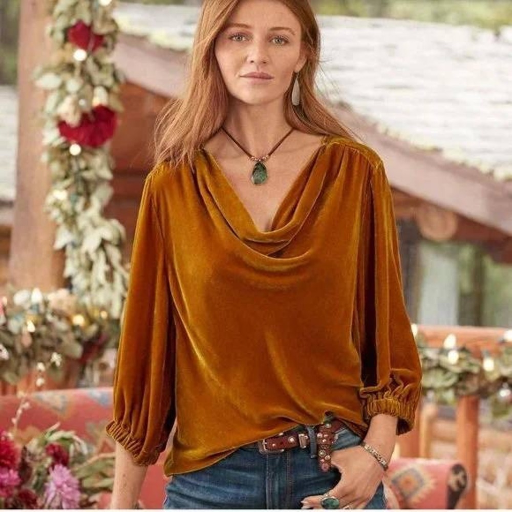Sundance Ophelia Velvet Blouse Size S Amber Silk Blend‎ Cowl Neck Long Sleeve